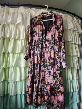 Black Floral Button-Front Maxi Dress with Pink and Coral Blooms